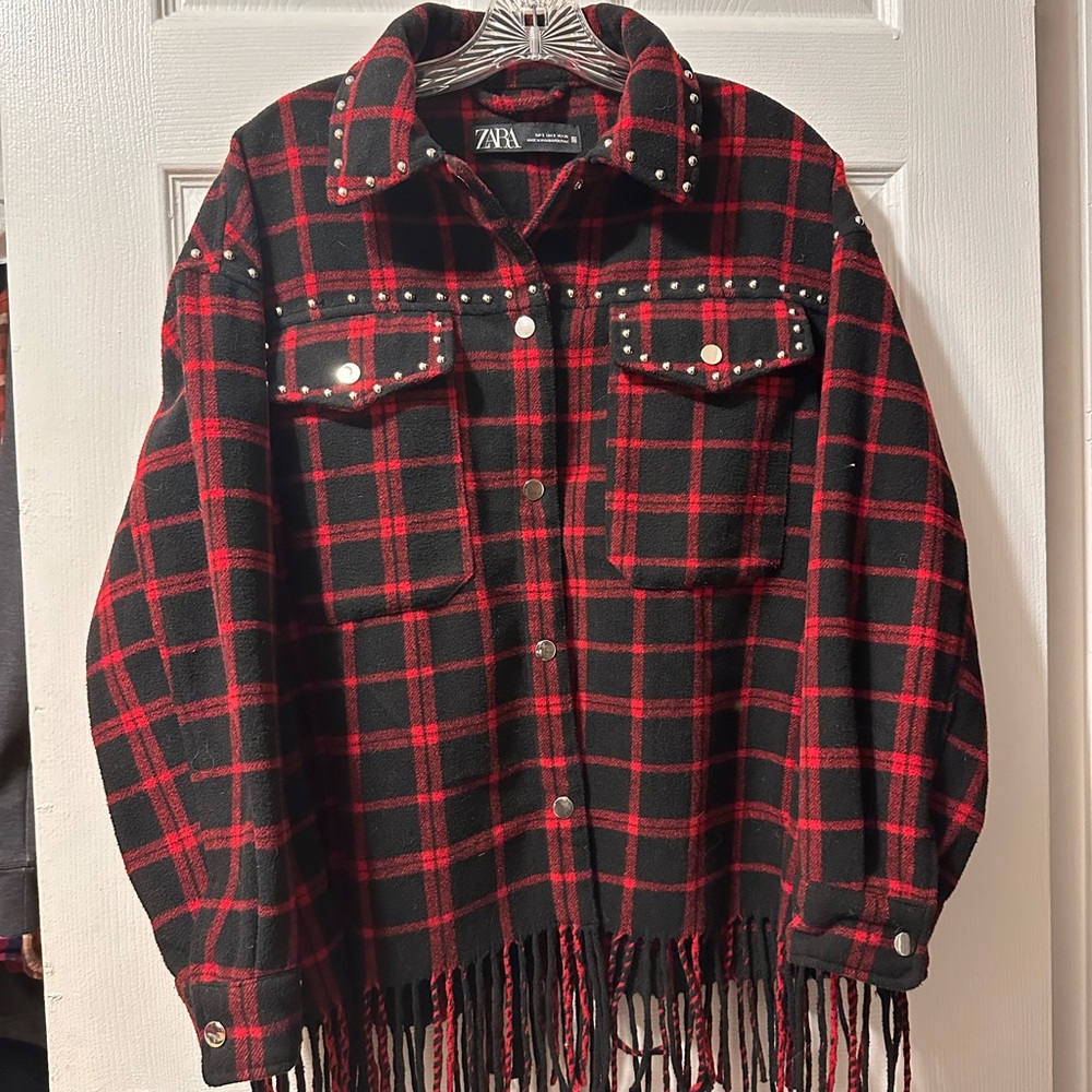 Zara Red and Black Plaid Fringe Jacket